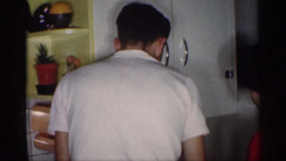 The man faces kitchen cabinets in the 1959 Michigan interior, with a green shelf and small potted plant at left.