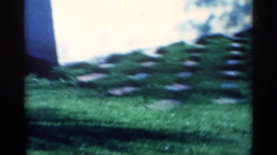 1959 Michigan home-movie frame with a dark-colored dog moving across the manicured lawn near inset stone pavers.