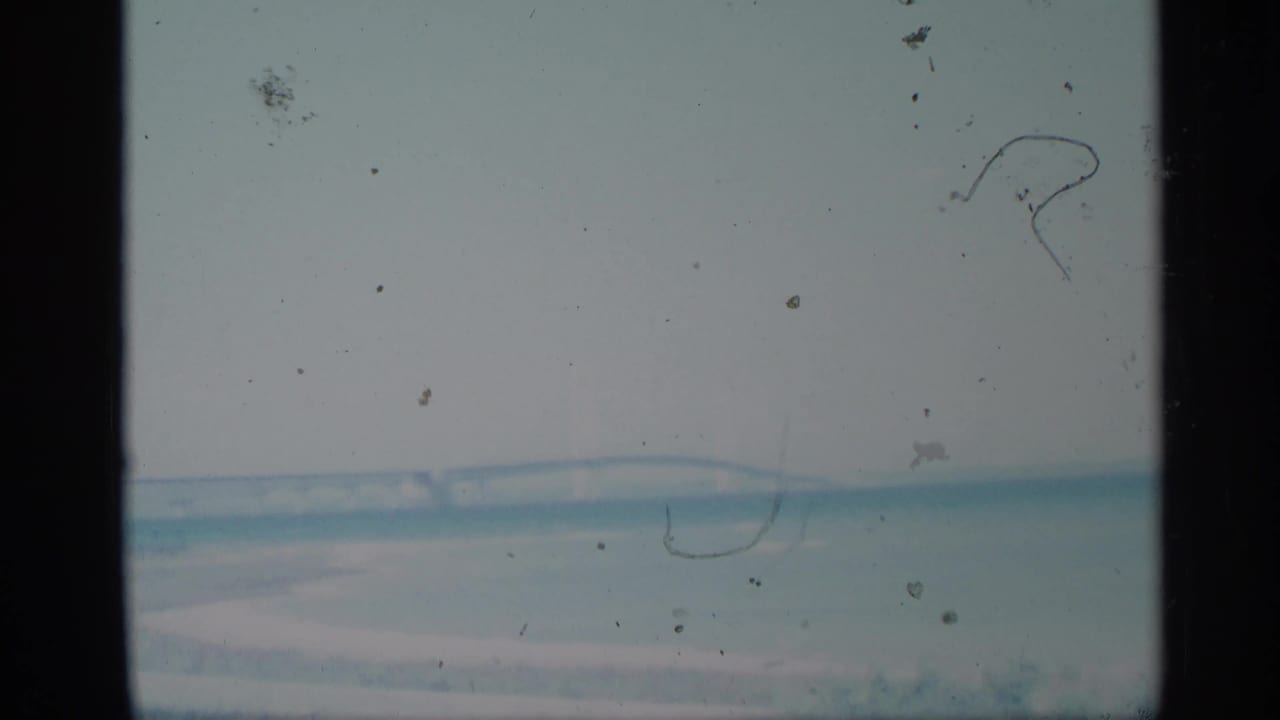 Soft distant bridge view across water with scratches, dust, and dark vertical film edge.