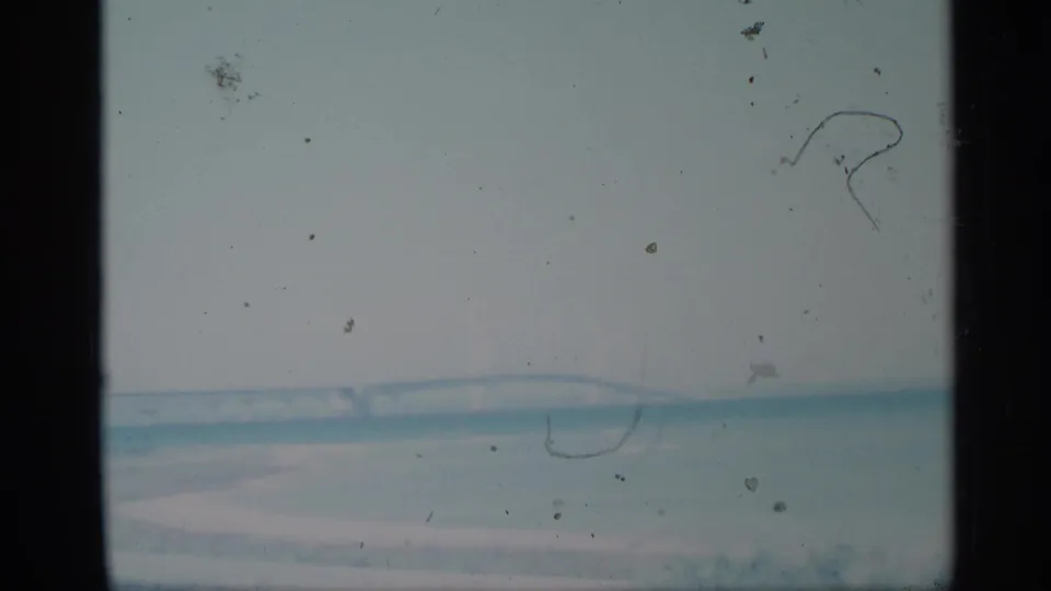 1959 New York home-movie frame with a faint steel bridge line beyond water and visible 8mm wear.
