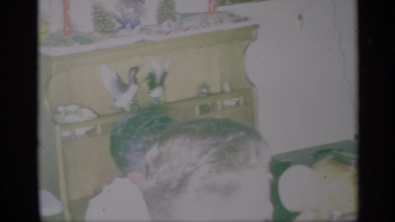 Two adults near a decorated wooden hutch in a softly exposed interior.