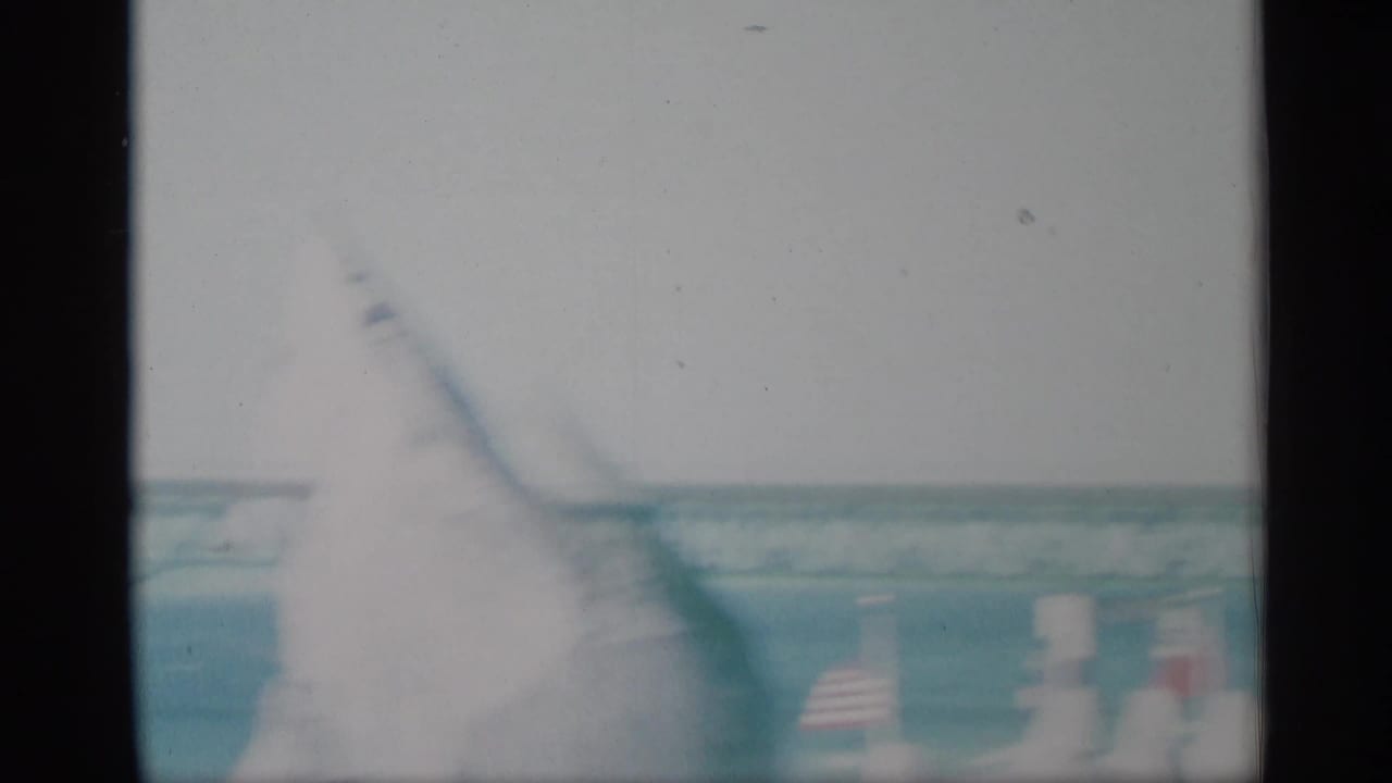 The camera shifts to a washed-out waterfront view with a distant bridge structure, water, and traffic cones in the foreground.