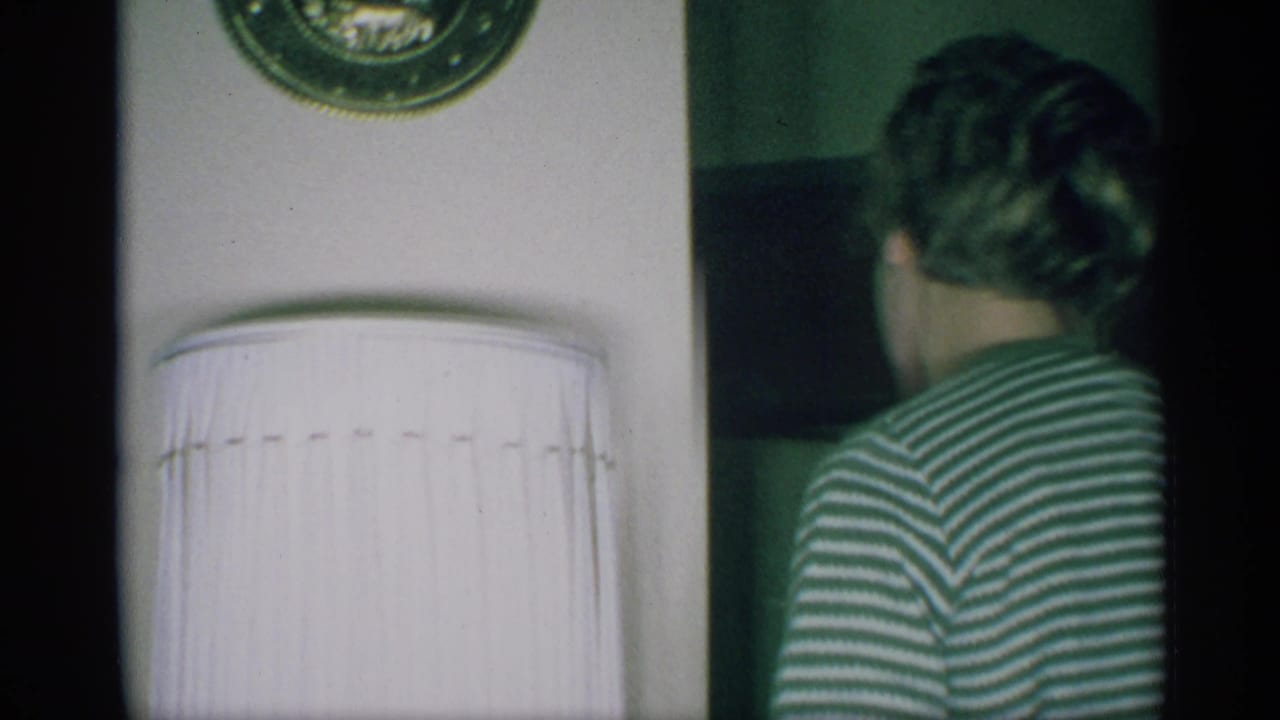 Striped-shirt figure seen from behind beside a lampshade and wall medallion.
