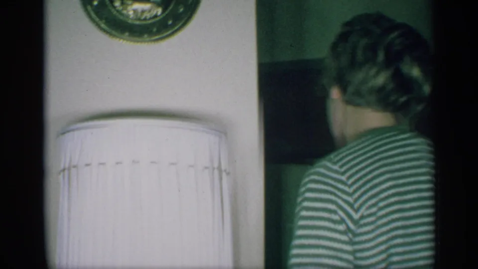In a 1959 New York home interior, a striped-shirt figure faces away near a pleated lampshade and decorative wall medallion.
