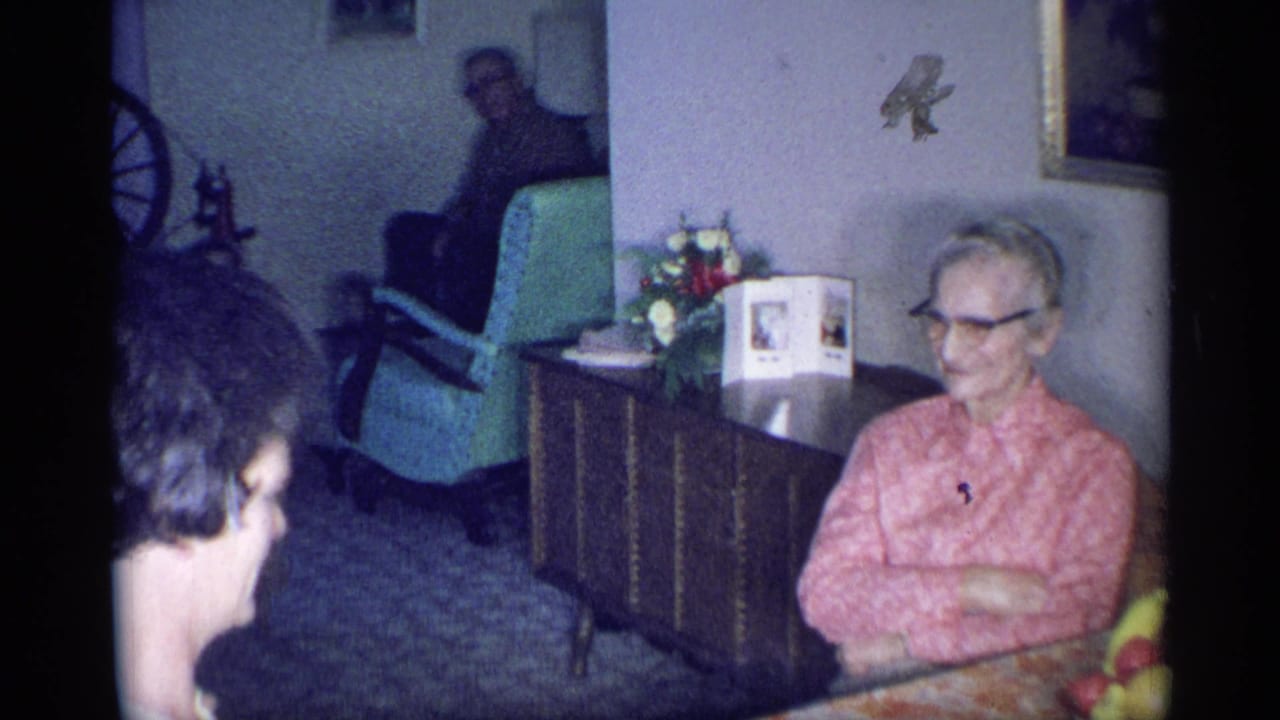 Adults seated in a living room with a woman at a table and a man in a green chair.