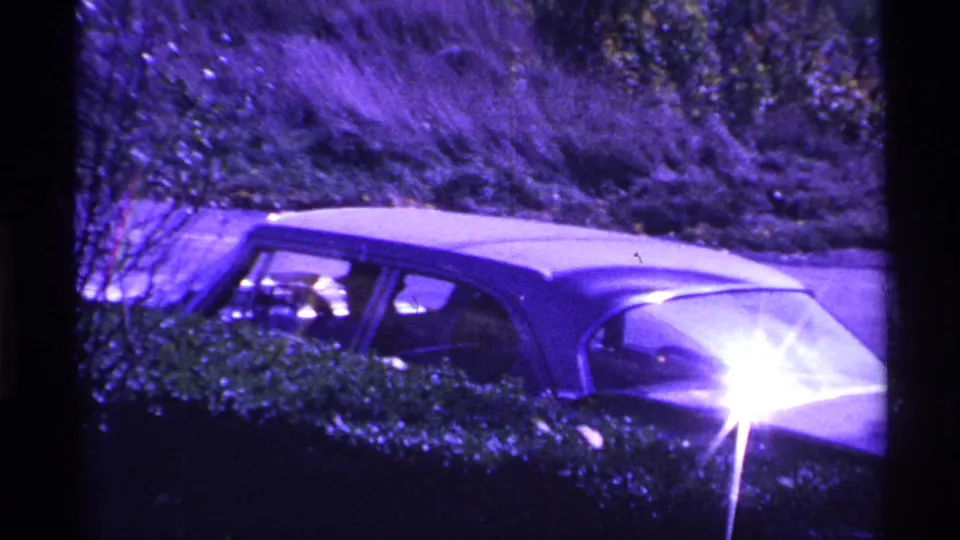 Purple-tinted 8mm frame of a classic American sedan near a hedge and roadside, with strong light flare on the car.
