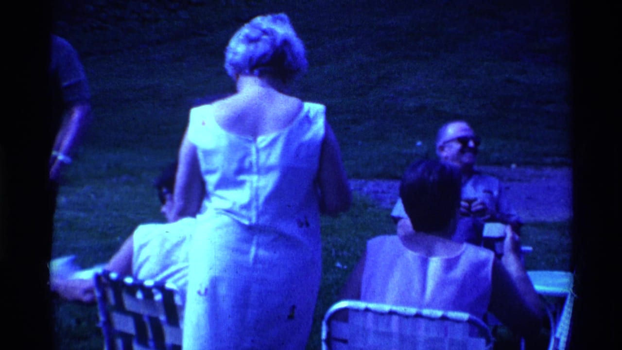 Adults seated and standing on a lawn, with a woman in a white sleeveless dress facing away from the camera.