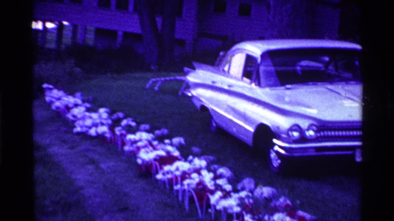 1969 Ohio 8mm frame showing a pale classic sedan on a grassy yard with small objects lined along the lawn.