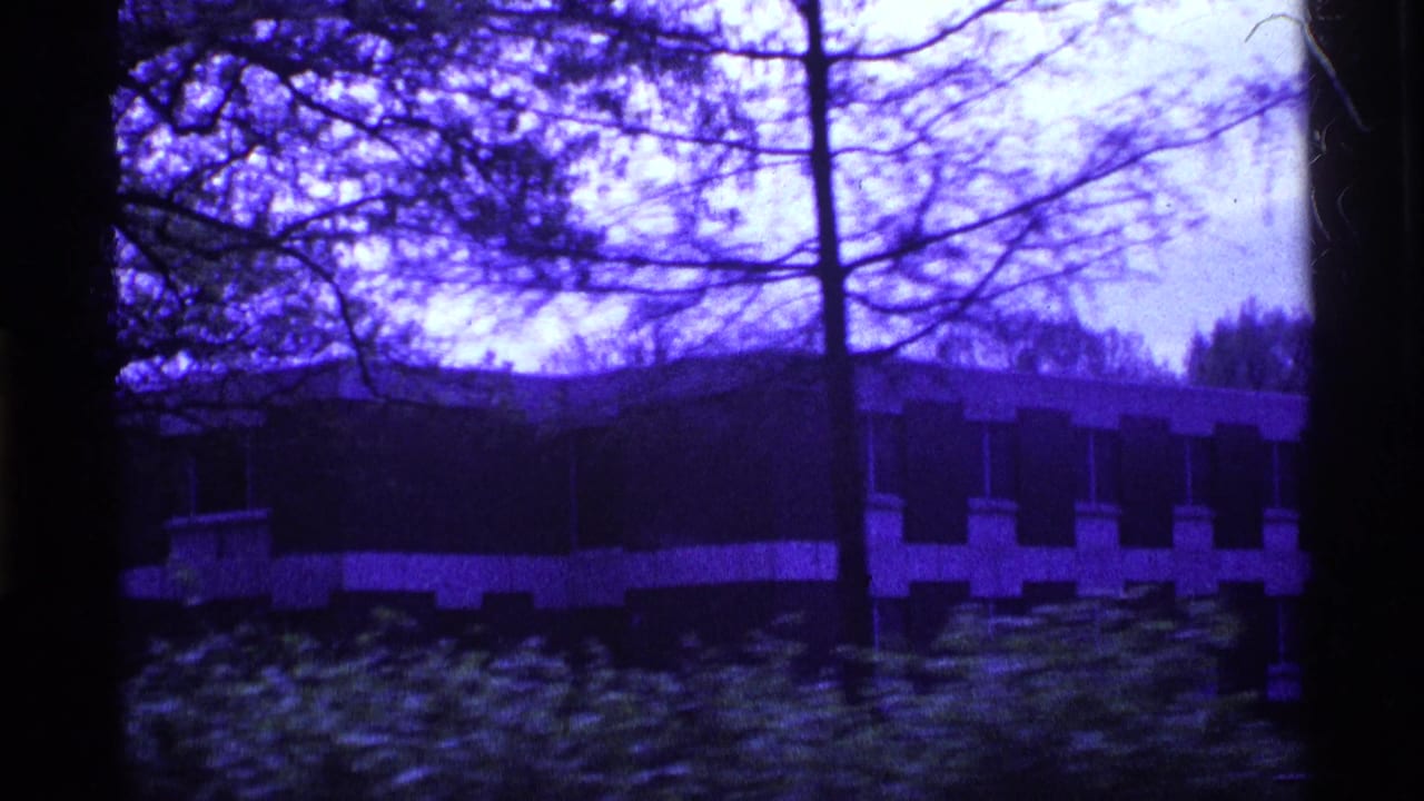 1969 Ohio 8mm frame showing a low modernist brick building behind silhouetted trees and ground cover.