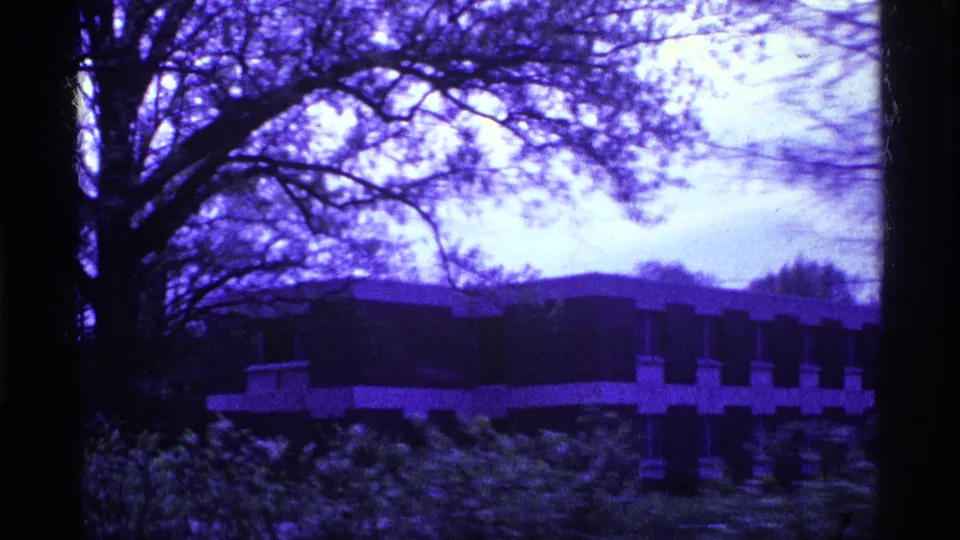 1969 Ohio home-movie frame with a brick institutional exterior viewed through a large foreground tree.
