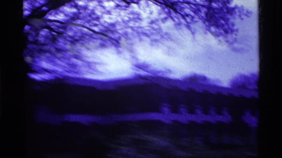 Motion-blurred 1969 Ohio 8mm frame showing tree branches over a dark brick campus-like structure.