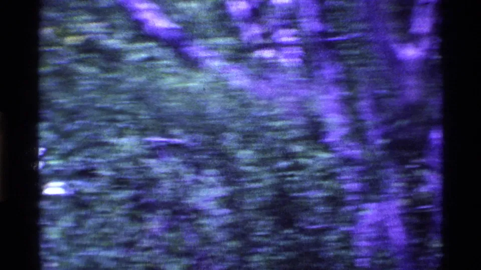 1969 Ohio 8mm frame with blurred snow, roadside vegetation, and dark film borders from a moving vehicle perspective.