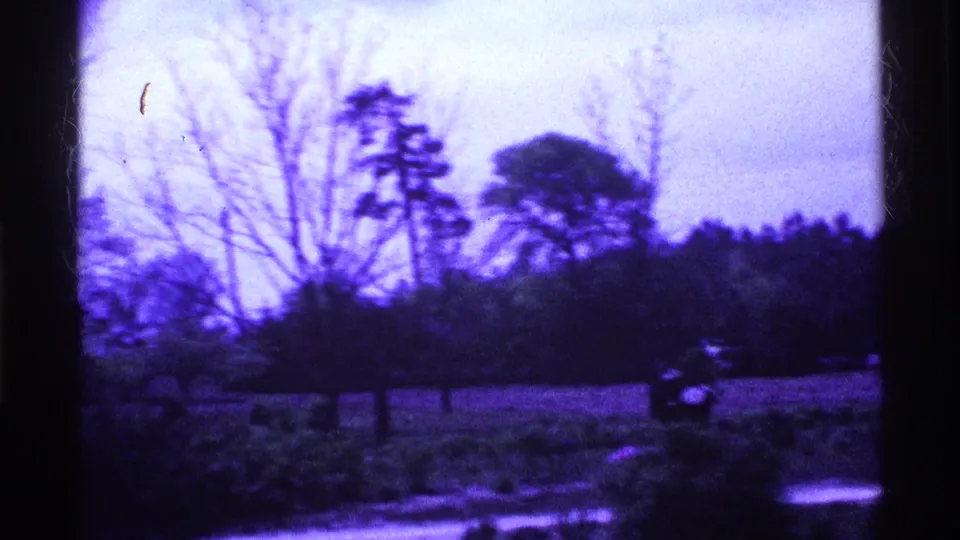 Soft 1969 Ohio home-movie frame with leafless trees, shrubs, open ground, and an indistinct dark figure or object near the foreground.