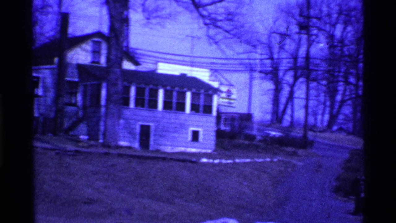 Blue-tinted house and yard with bare trees and snow patches in winter.