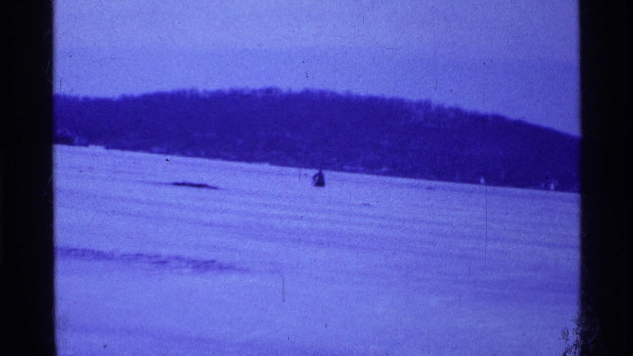 Distant snowmobile crossing a frozen open surface with a wooded shoreline beyond.
