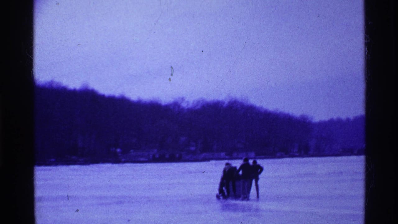 Small group of skaters on a frozen lake with wooded shoreline behind them.