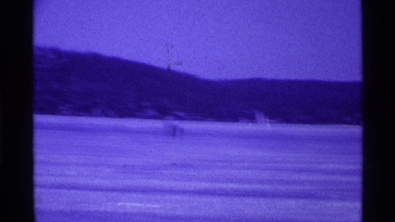 Purple-tinted lake with wooded shoreline and dark film frame edges.