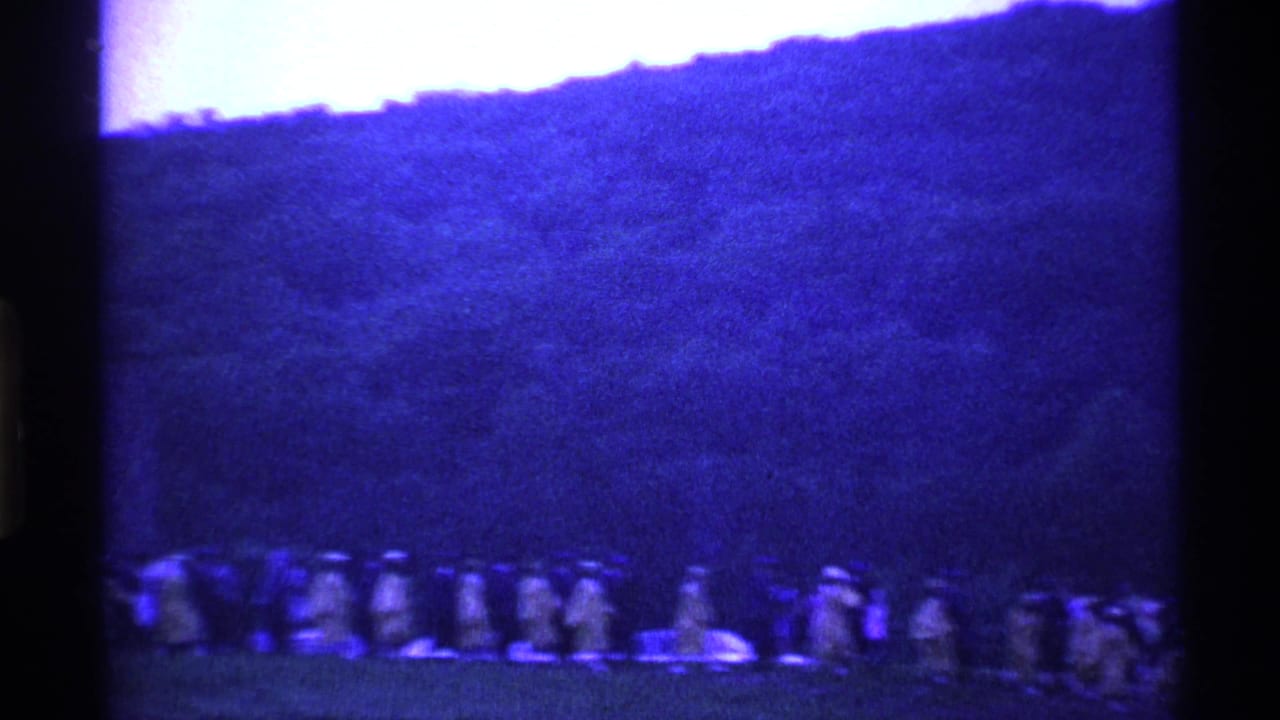 A distant line of people in light garments moves across a grassy field below a wooded hill.