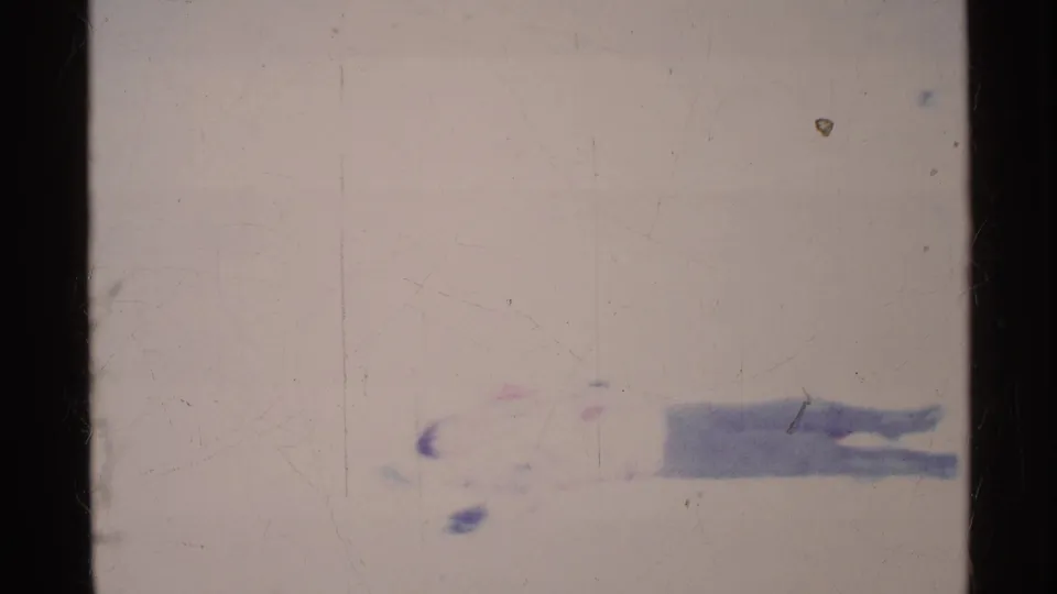 Faded 1969 Ohio 8mm frame showing the sled rider near the bottom of the shot after sliding over snow.