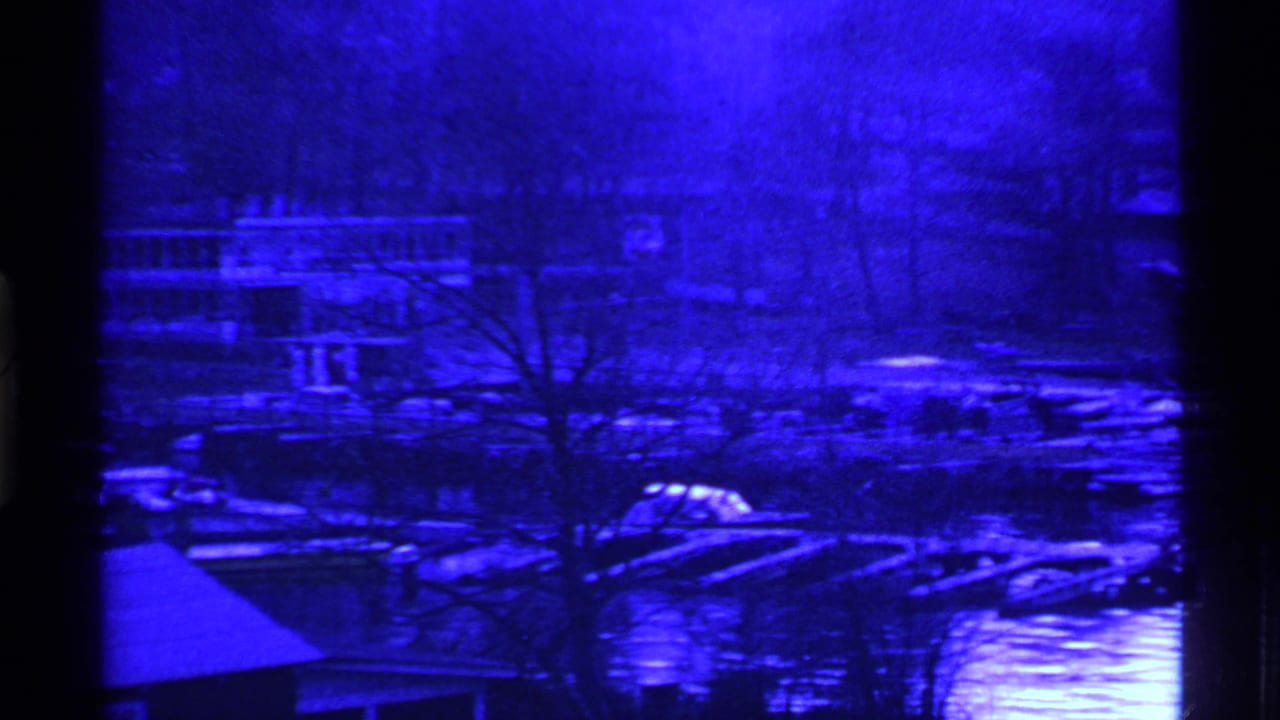 Blue monochrome shoreline with houses, docks, boats, and bare trees across water.