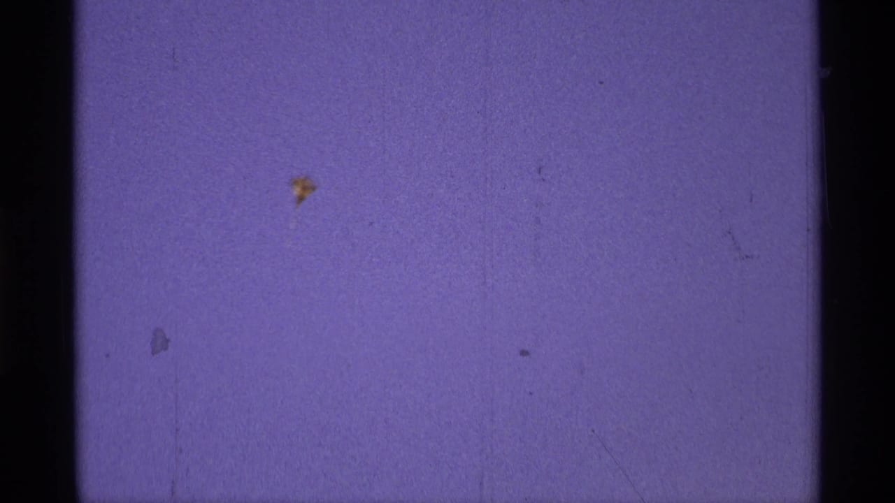 Purple film frame with central black gate line, dust, and small marks.