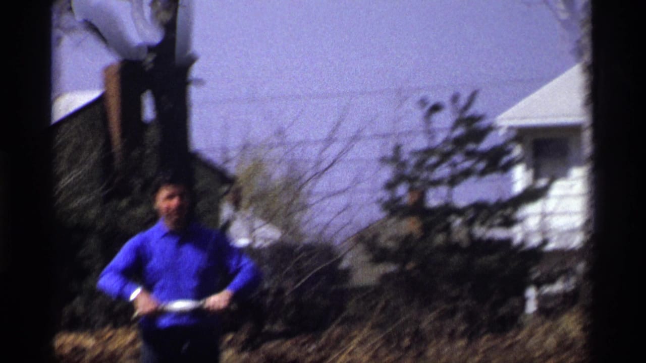 Man in a blue shirt holds a kite string winder near shrubs and a house.
