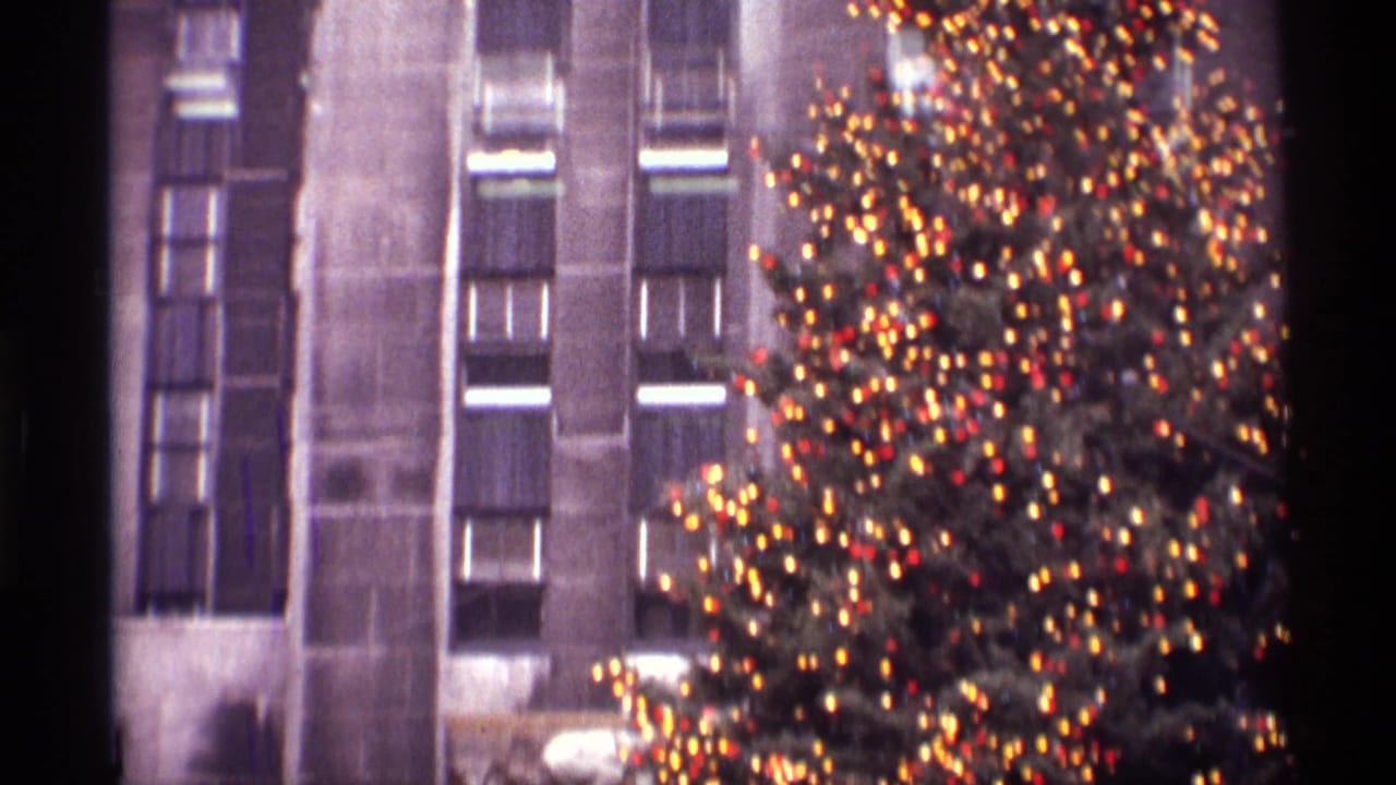 Illuminated Christmas tree before a stone building facade.