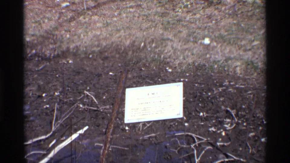 1971 New York City zoo footage appears to show a weathered informational placard in a dry animal enclosure with scattered branches.