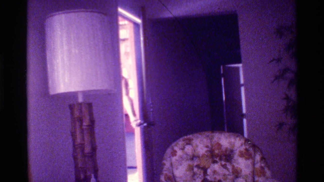 Dim living room with a floor lamp, floral armchair, doorway, and refrigerator in the background.
