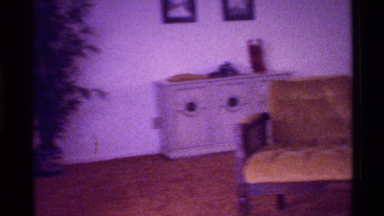 Living room corner with white cabinet, framed pictures, potted plant, and chair.