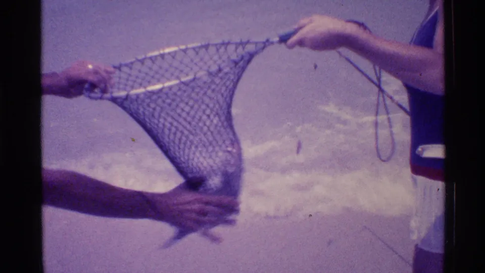 1973 Florida beach frame showing cropped people holding a small mesh fishing net near sandy shallow water.