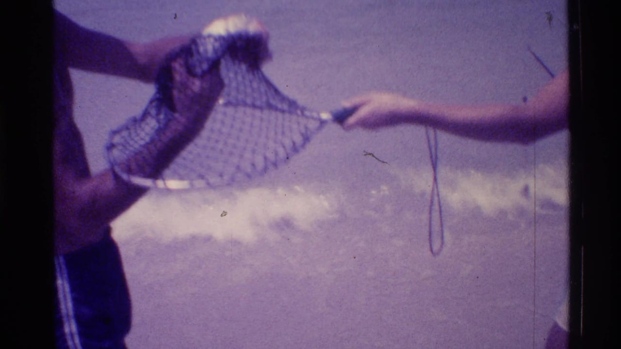 In 1973 Florida beach footage, two partly seen people hold mesh netting with a fish as surf breaks behind them.