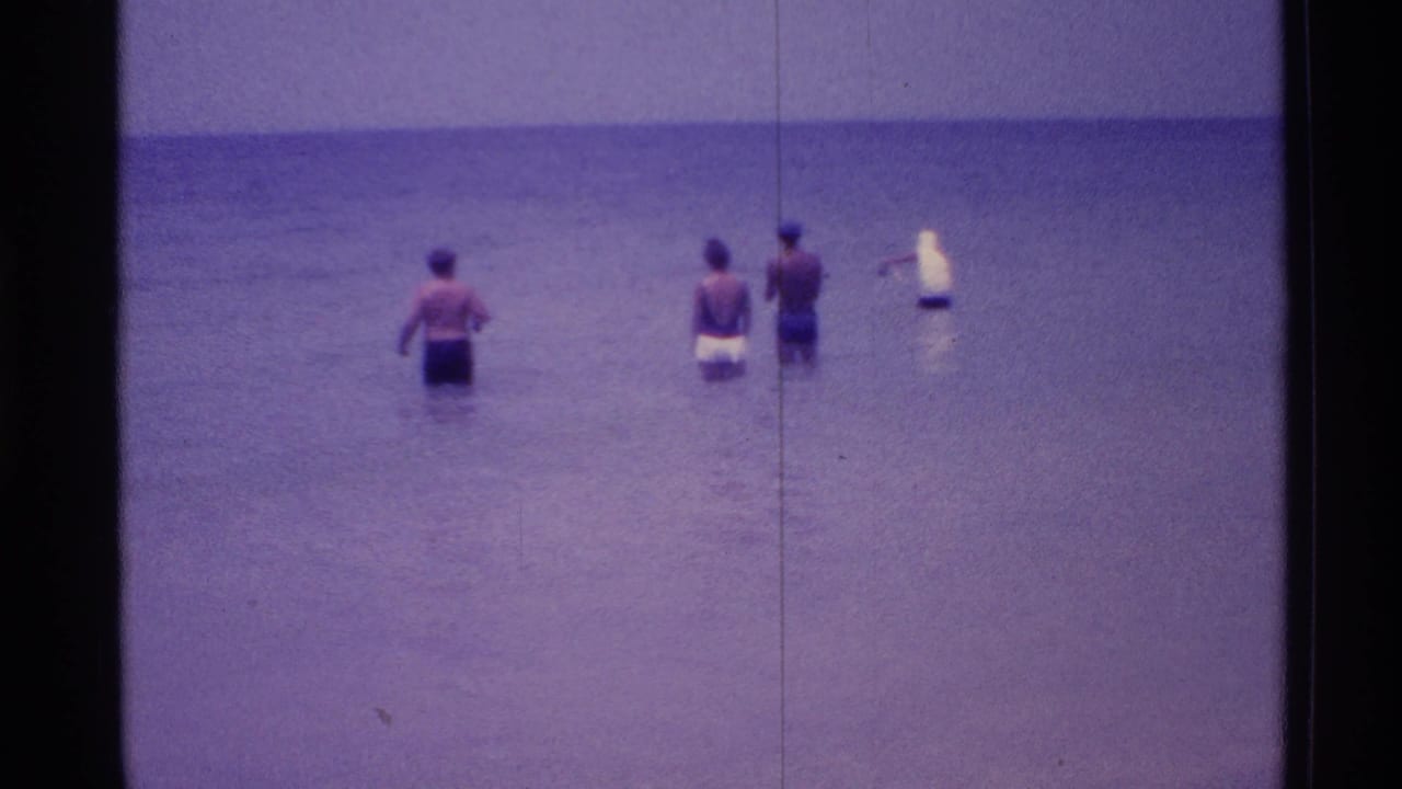 Three people wade in calm ocean water while another figure stands farther right.