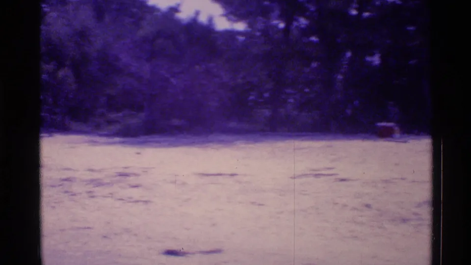 Faded 8mm Florida frame with sandy ground, wooded background and a small distant indistinct object near the tree line.