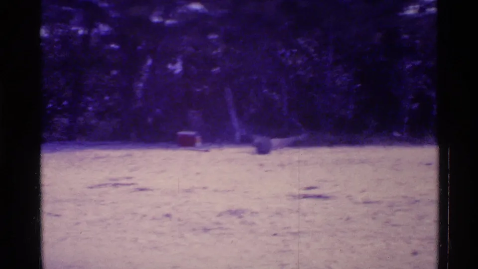 1973 Florida 8mm still of a sandy clearing, dense trees and small indistinct objects near the shaded background.