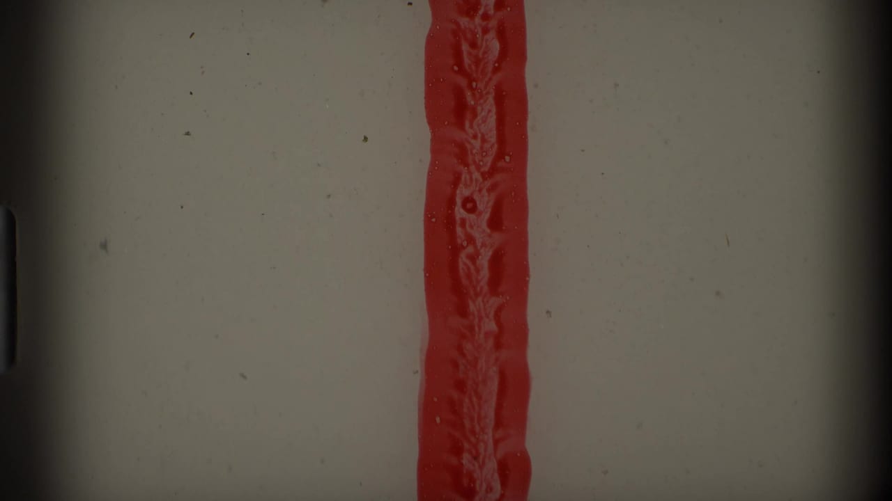 Damaged 8mm film frame showing a vertical red color bleed, dust, scratches, and dark gate-edge shadows.