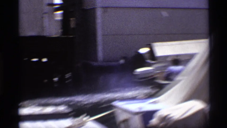 The small boat pulls away from the dock in 1973 New York footage, with spray and wake visible behind it.