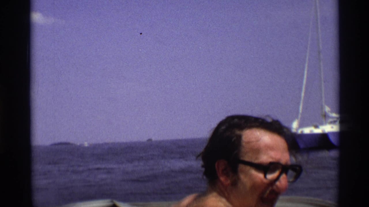 A vintage New York river frame shows an adult man wearing dark glasses in the foreground, with open water and a sailboat behind him.