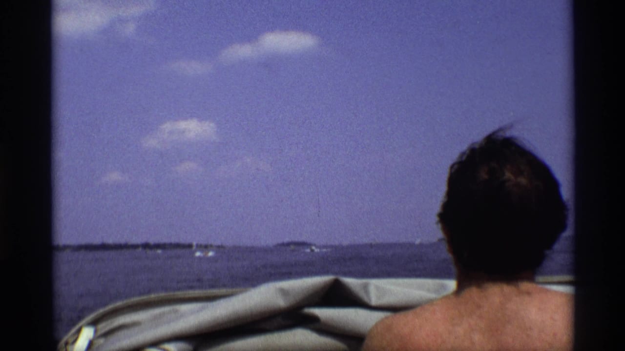 Shirtless man seen from behind on a boat looking across a lake.