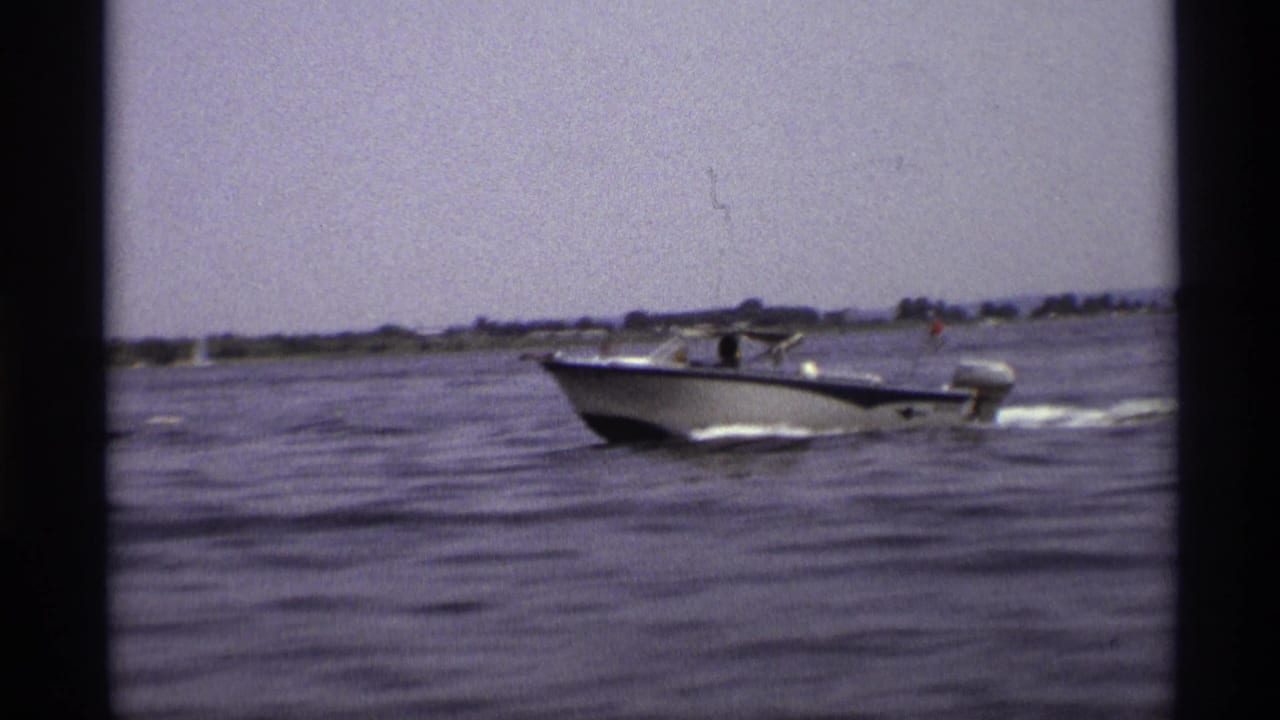 Blue and white motorboat crossing open water with a low shoreline behind it.