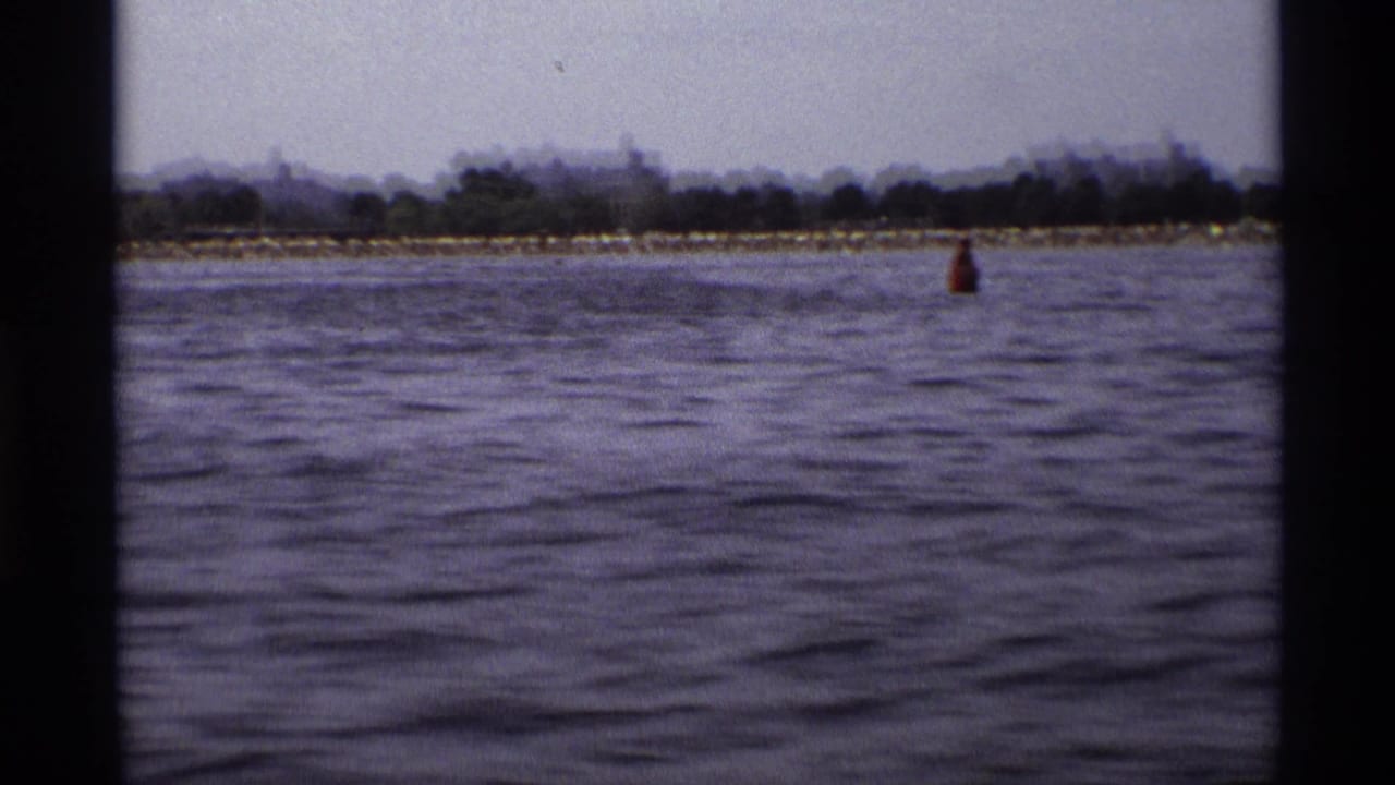 Rippling water with a distant tree-lined shoreline and a small red buoy.