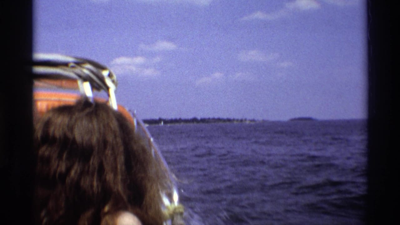Passenger-shot 8mm view from a boat in New York, with long dark hair in the foreground and rippled water leading toward a low shore.