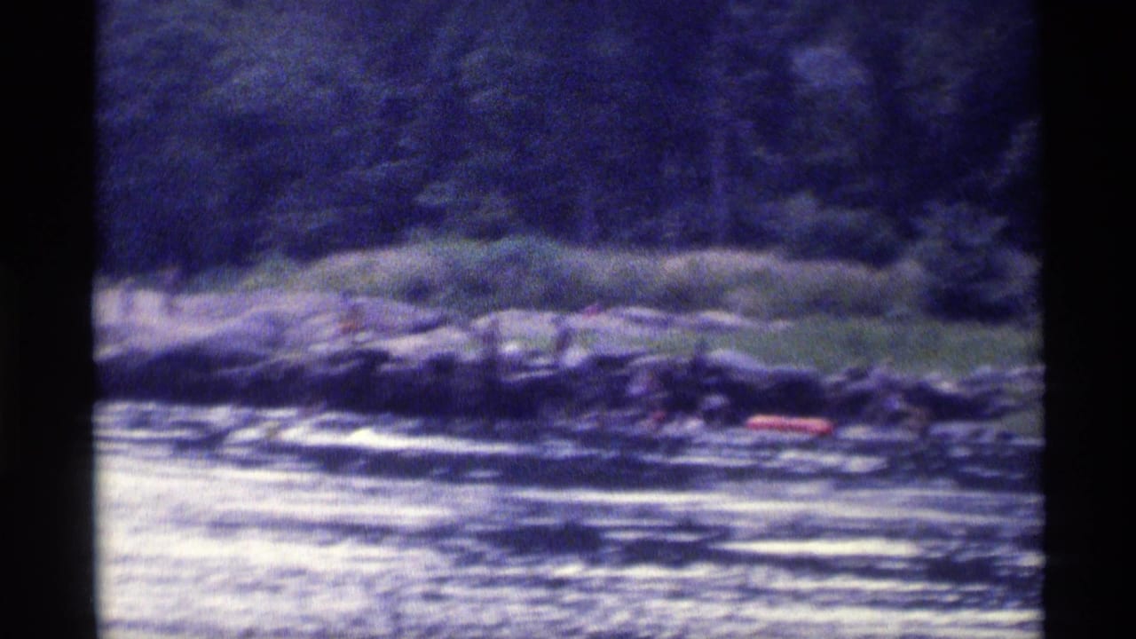 Distant lakeshore with trees, rocks, water, and a small red boat near the bank.