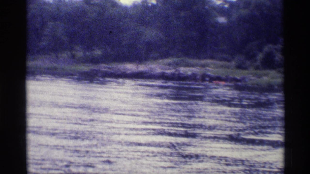 1973 New York home-movie frame showing rippling water and a dense tree line along the far bank.