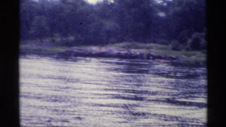 1973 New York home-movie frame showing rippling water and a dense tree line along the far bank.