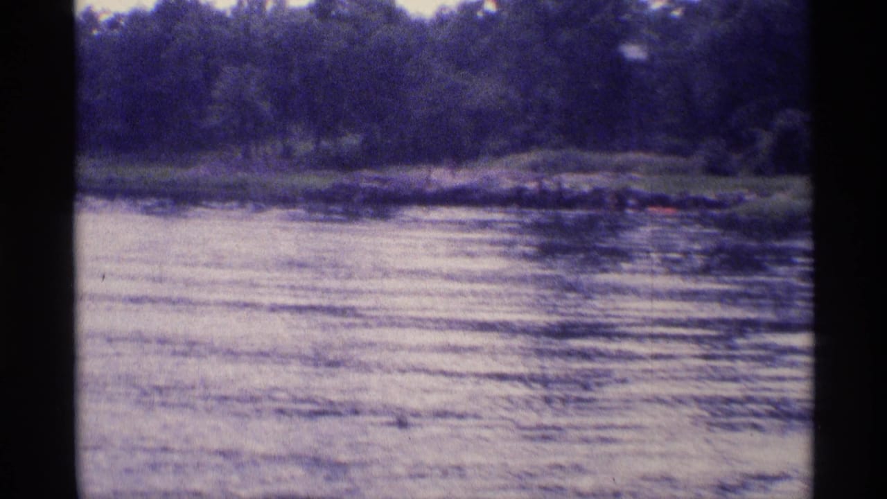 1973 New York 8mm frame of calm water, a low grassy shore, and trees in soft blue-tinted home-movie color.