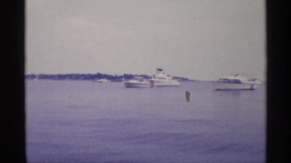 1973 New York lake scene with small motorboats and a larger white cruiser spread across calm water.