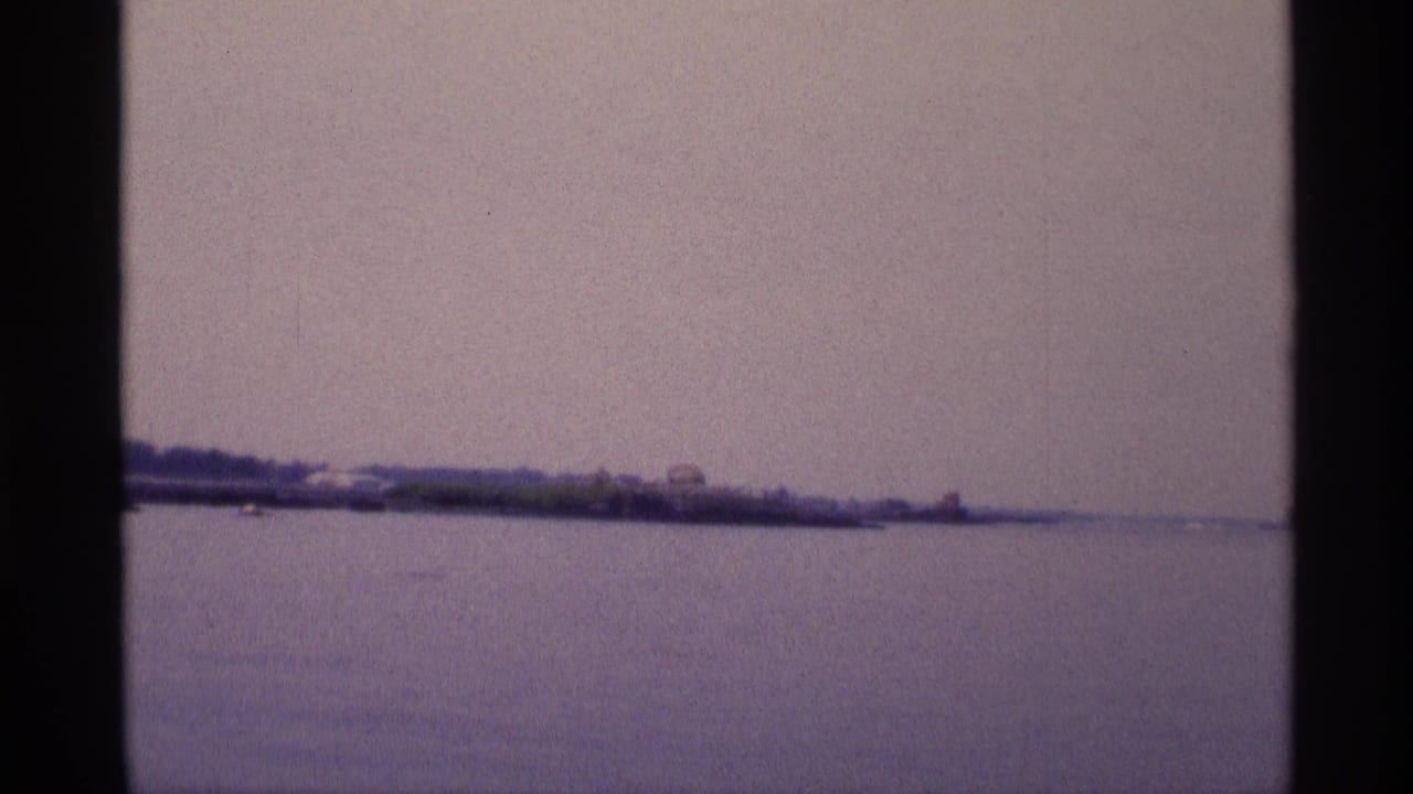 1973 New York waterfront view with open water, a low tree-lined shore, and soft purple-blue 8mm color.