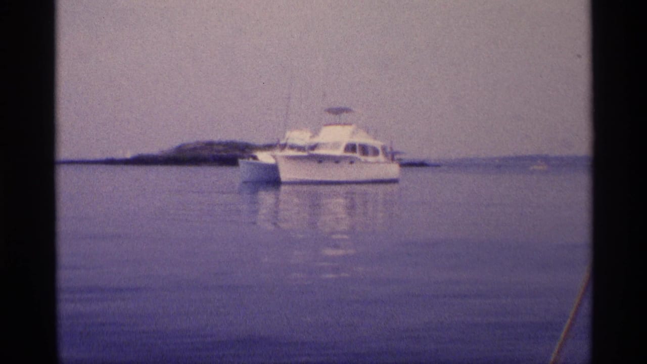 White cabin motorboat on calm water with distant shoreline.