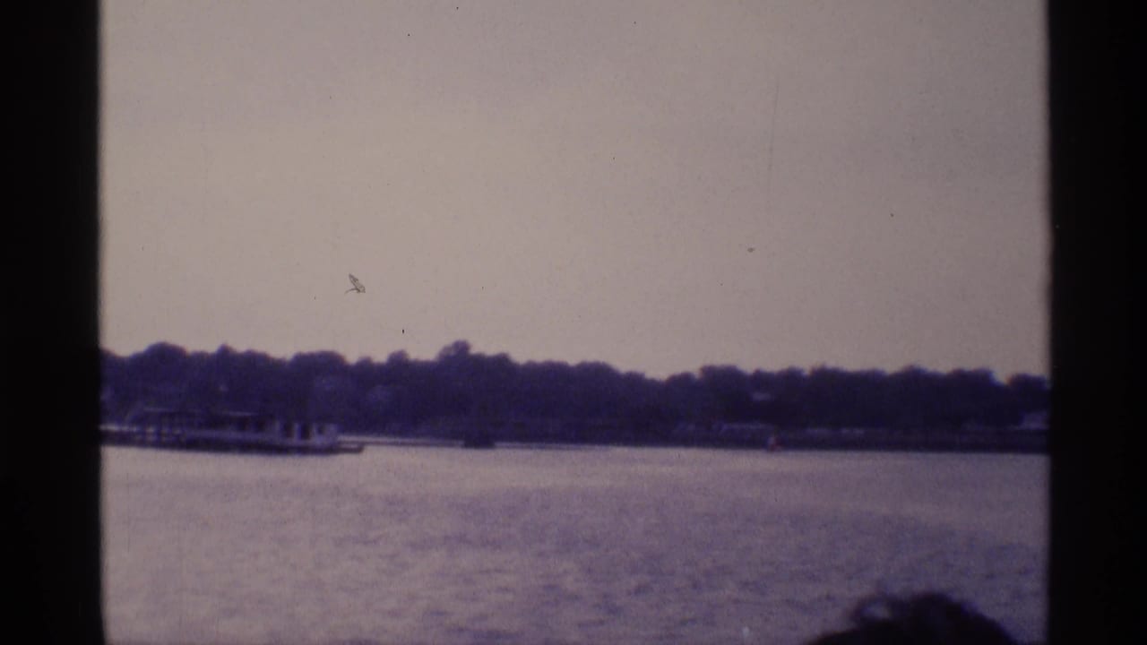 A panning 8mm frame shows open water, distant trees, and a low structure along the New York shoreline in 1973.